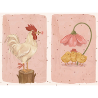 Two whimsical illustrations on a textured pink background with tiny brown stars. The left image shows a cream-colored rooster standing on a tree stump, holding a small pink flower in its beak and wearing a red checkered ribbon on its leg. The right image depicts three fluffy yellow chicks huddled under a large, drooping pink flower that acts as an umbrella. The middle chick wears a small red checkered hat. The art style is soft and gentle with a muted color palette.