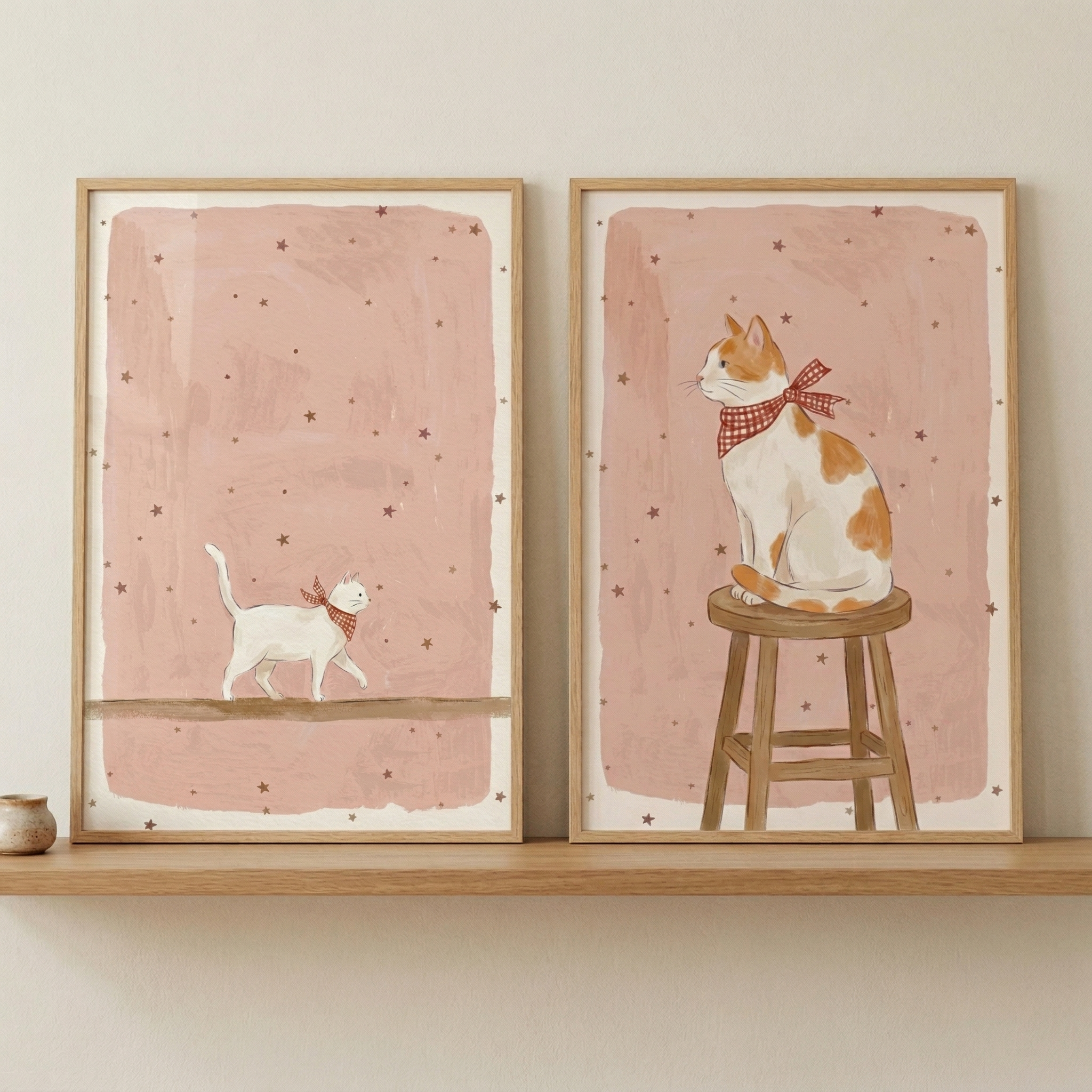 Pink Starry Gingham Cat Wall Art Set of 2 - Pink Kitten Dreams