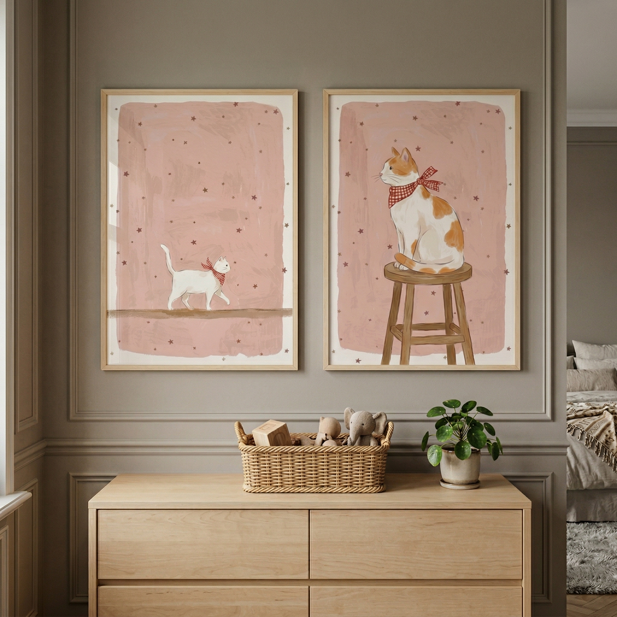Pink Starry Gingham Cat Wall Art Set of 2 - Pink Kitten Dreams