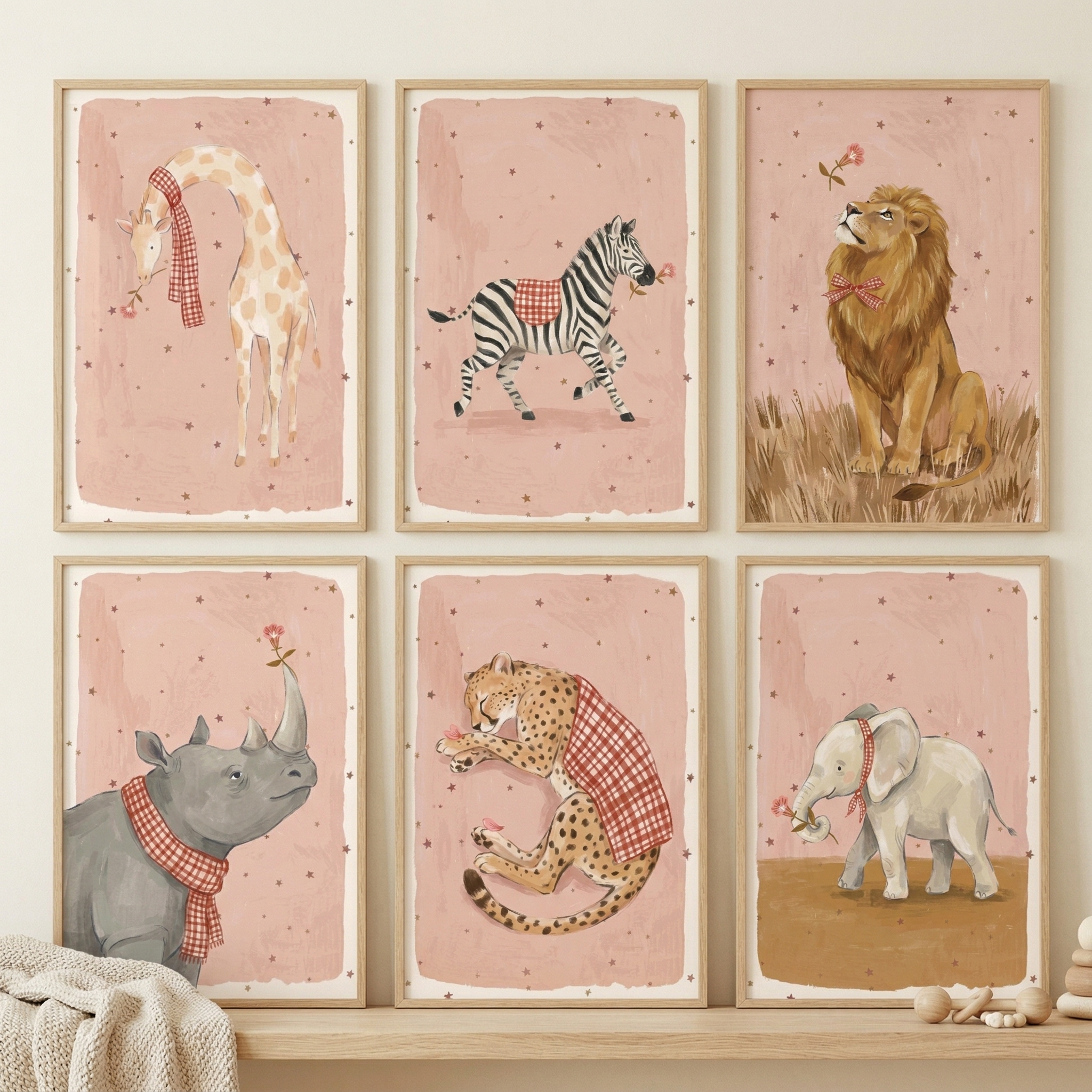 Pink Starry Safari Animal Artwork Set of 6 - Gingham Safari Pals