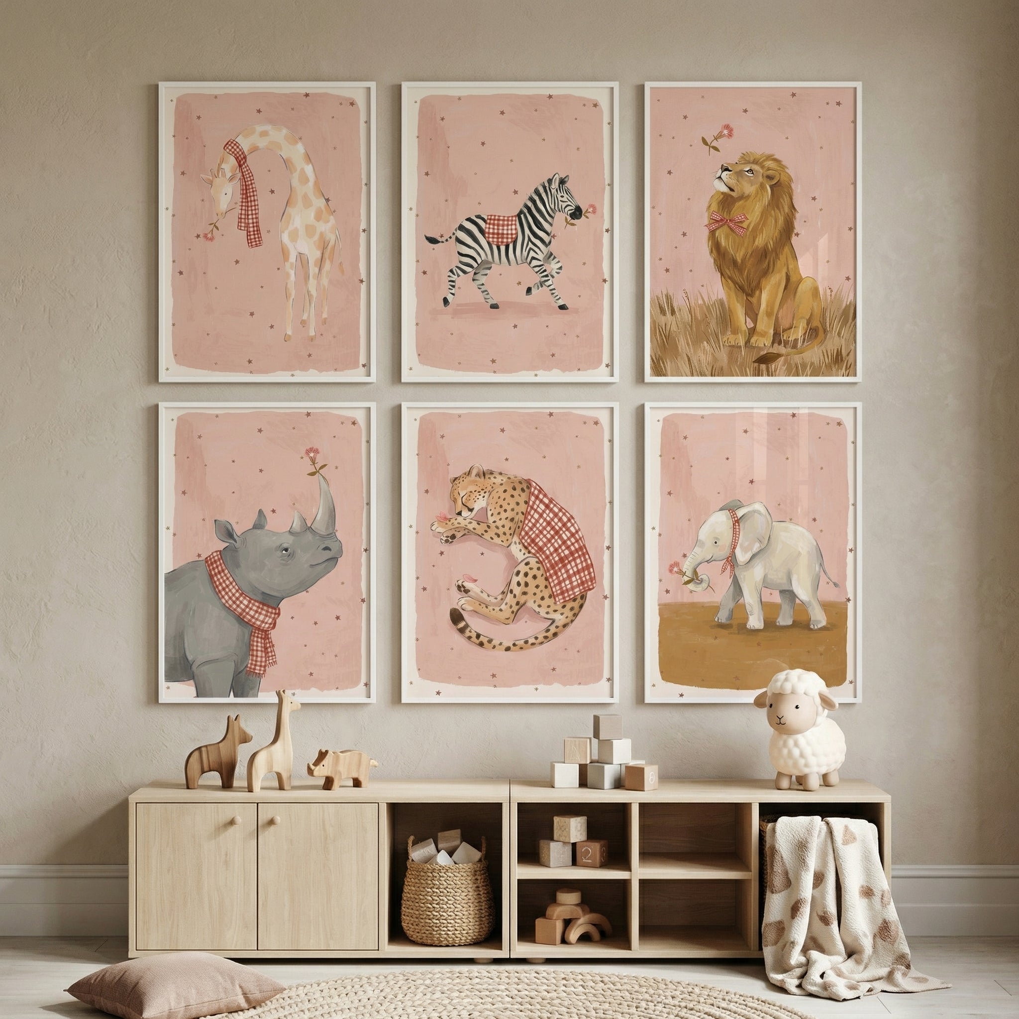 Pink Starry Safari Animal Artwork Set of 6 - Gingham Safari Pals