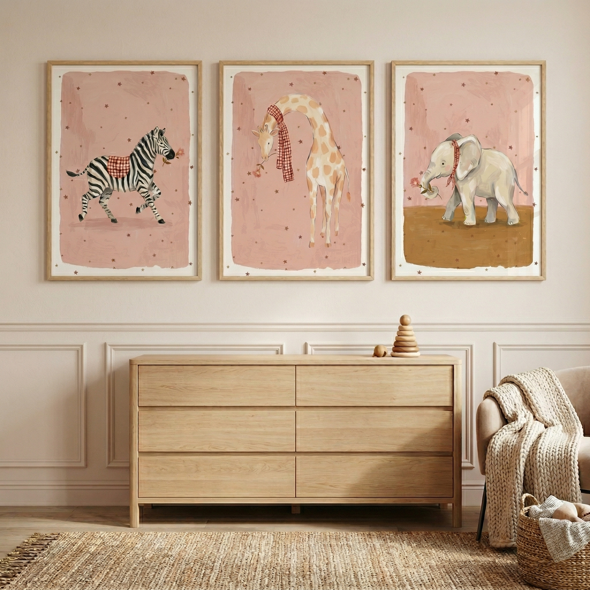 Pink Starry Safari Animals Wall Art Set of 3 - Whimsical Savannah Trio