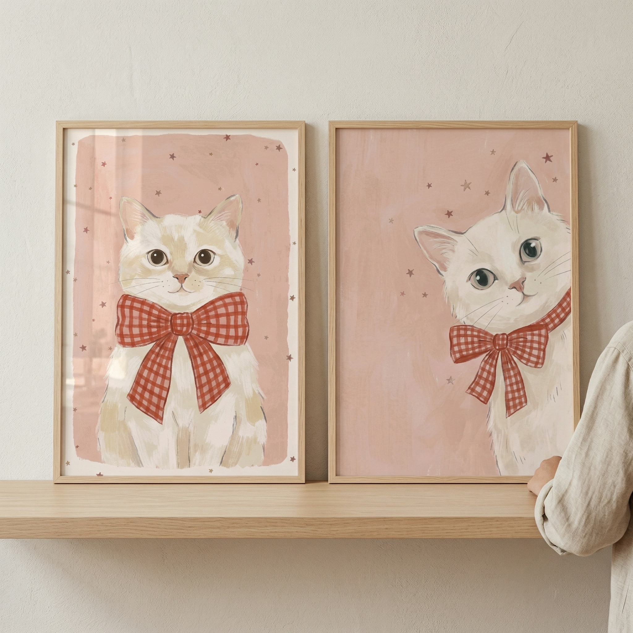 Pink Starry Sky Cat Artwork Set of 2 - Sweet Gingham Kitty