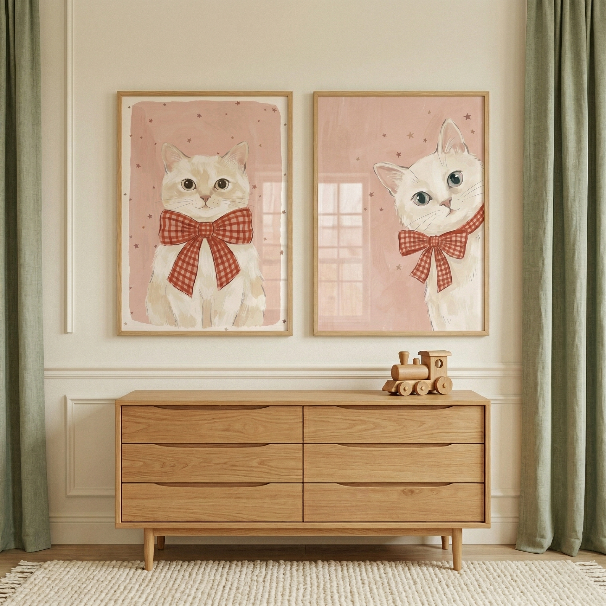 Pink Starry Sky Cat Artwork Set of 2 - Sweet Gingham Kitty