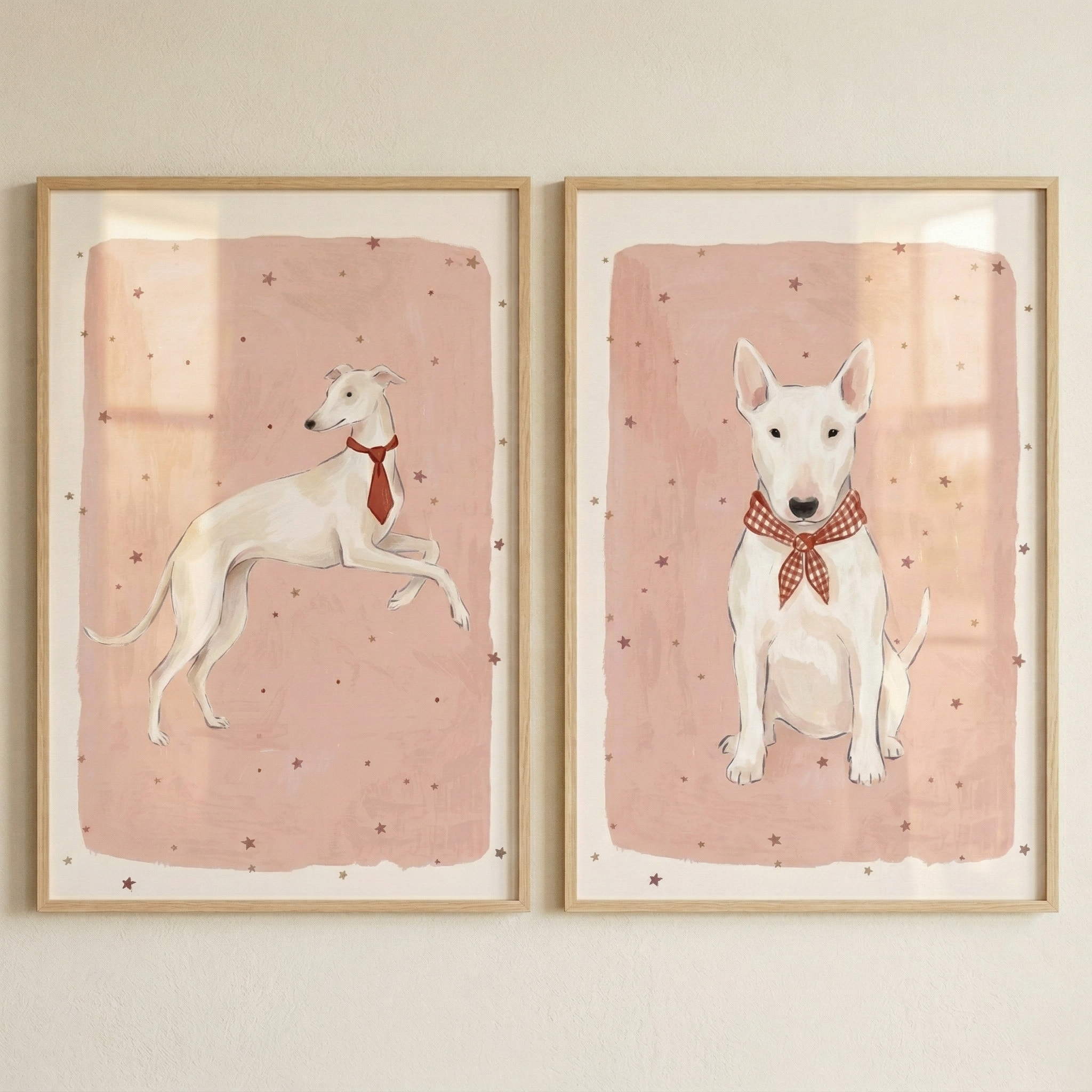 Pink Starry White Dog Wall Art Set of 2 - Dapper Dog Duo