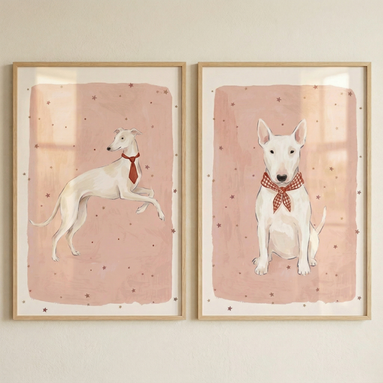 This pair of framed illustrations showcases two white dogs in a soft, whimsical style. The left frame features a slender, long-legged dog in profile wearing a red necktie. The right frame shows a sturdy dog with upright ears sitting forward, wearing a red and white checkered bow tie. 