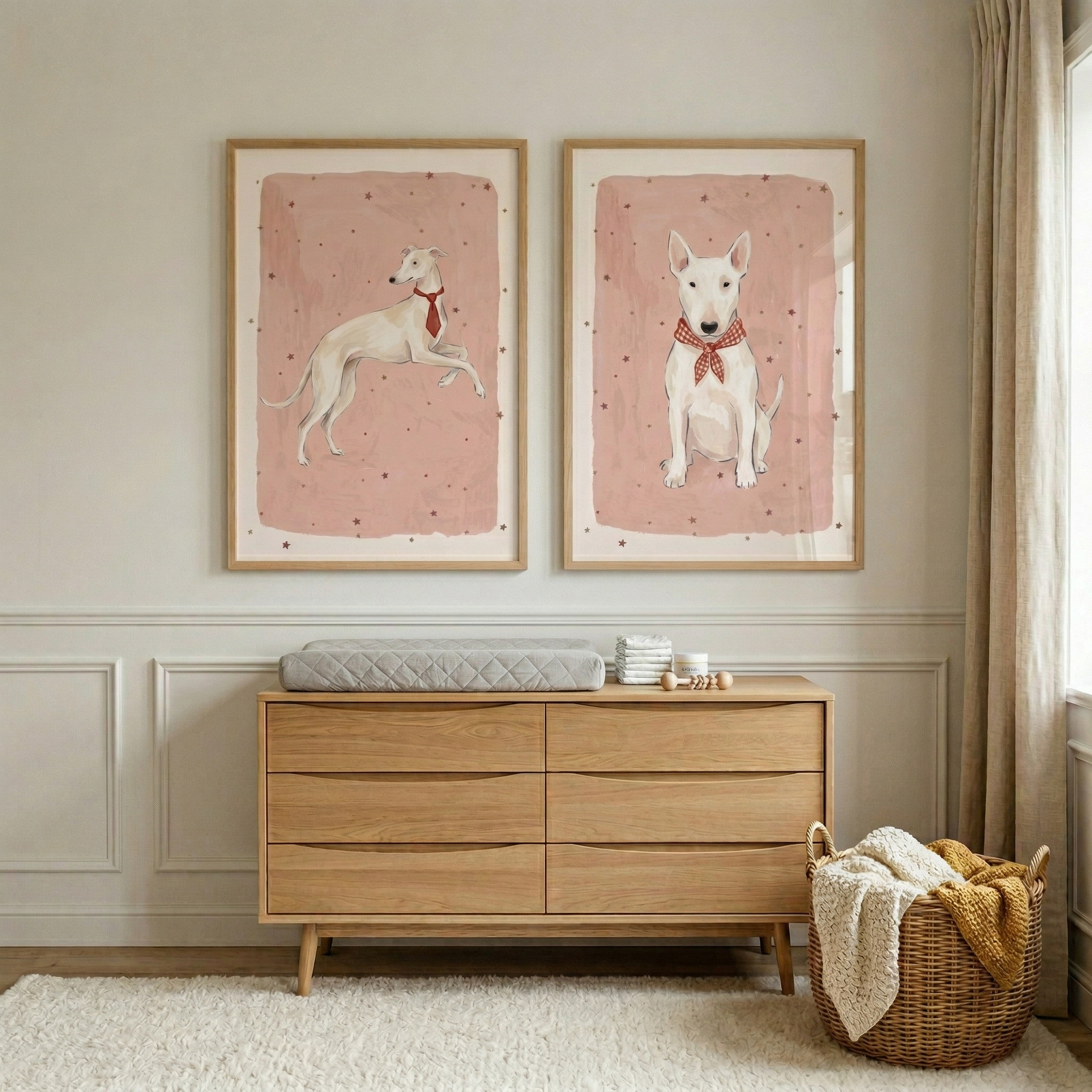 Pink Starry White Dog Wall Art Set of 2 - Dapper Dog Duo