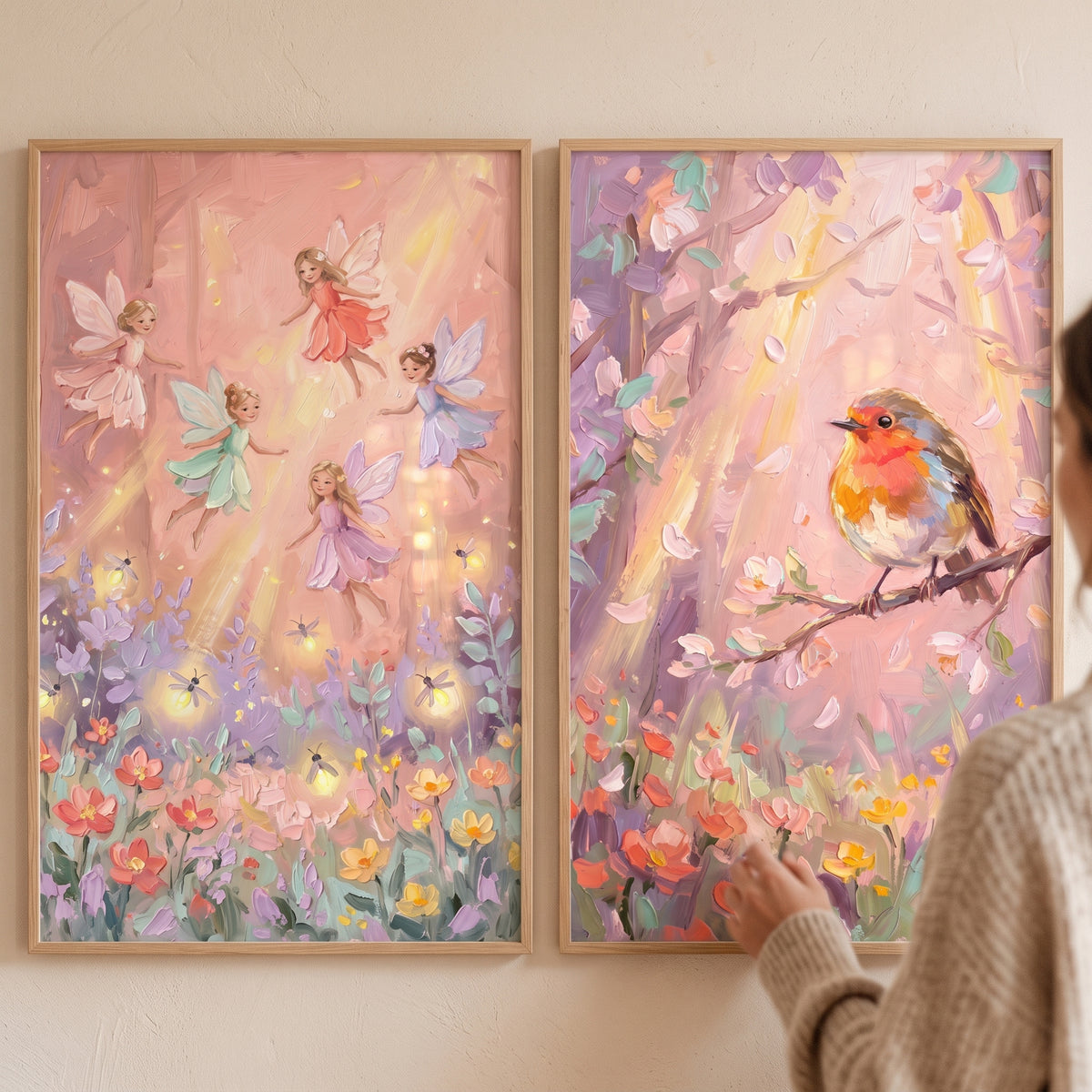 Pink sunbeam enchanted forest wall art set of 2 featuring fairies, fireflies, and a colorful robin on a flowering branch.