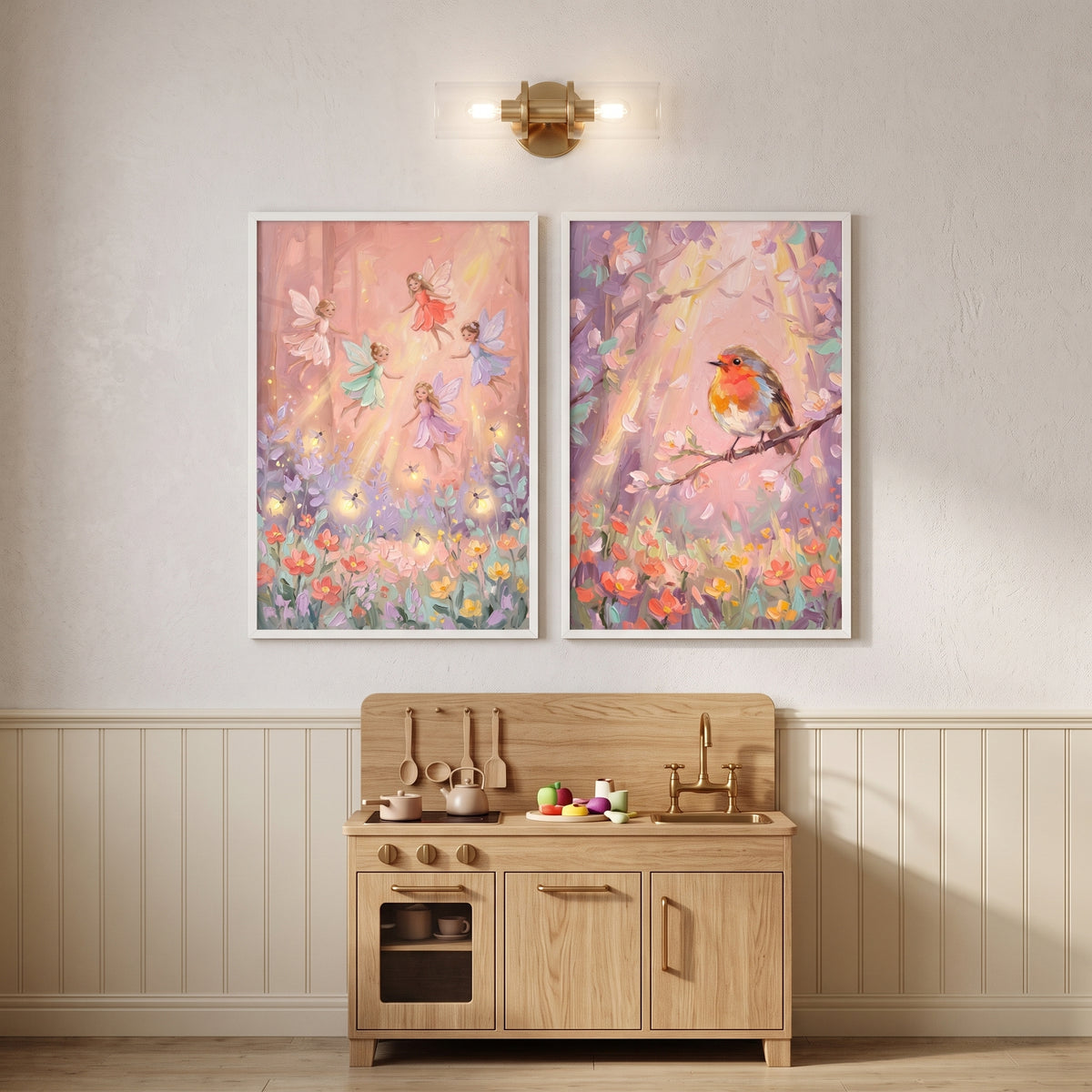 Pink Sunbeam Enchanted Forest Wall Art Set of 2 - Whimsical Fairy Realm