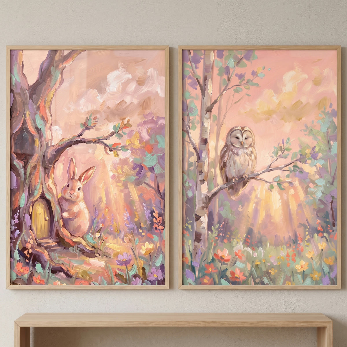 Pink sunbeam woodland animals wall art set of 2 showing a bunny by a tree door and an owl on a branch in a colorful forest.
