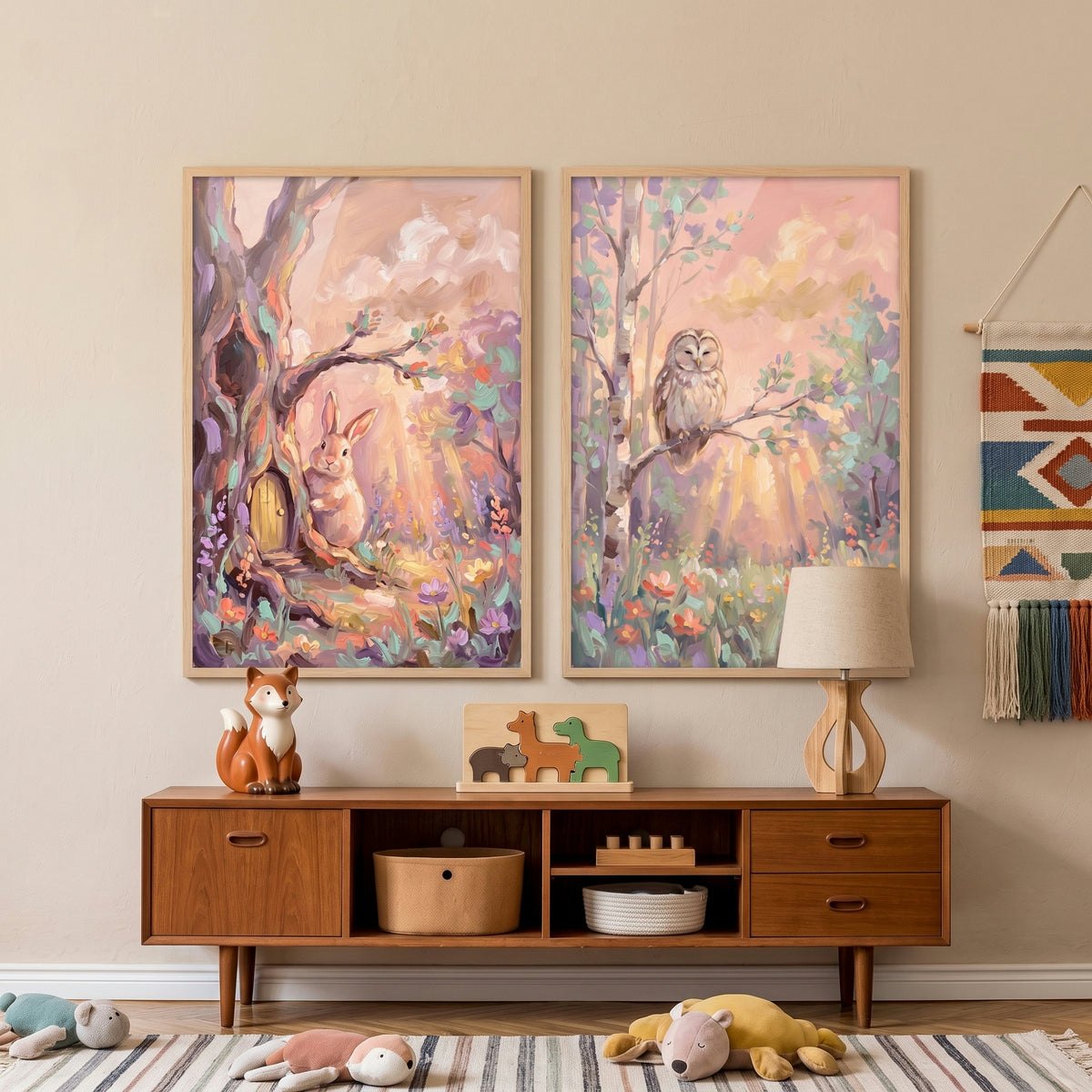 Pink Sunbeam Woodland Animals Wall Art Set of 2 - Whimsical Meadow Light