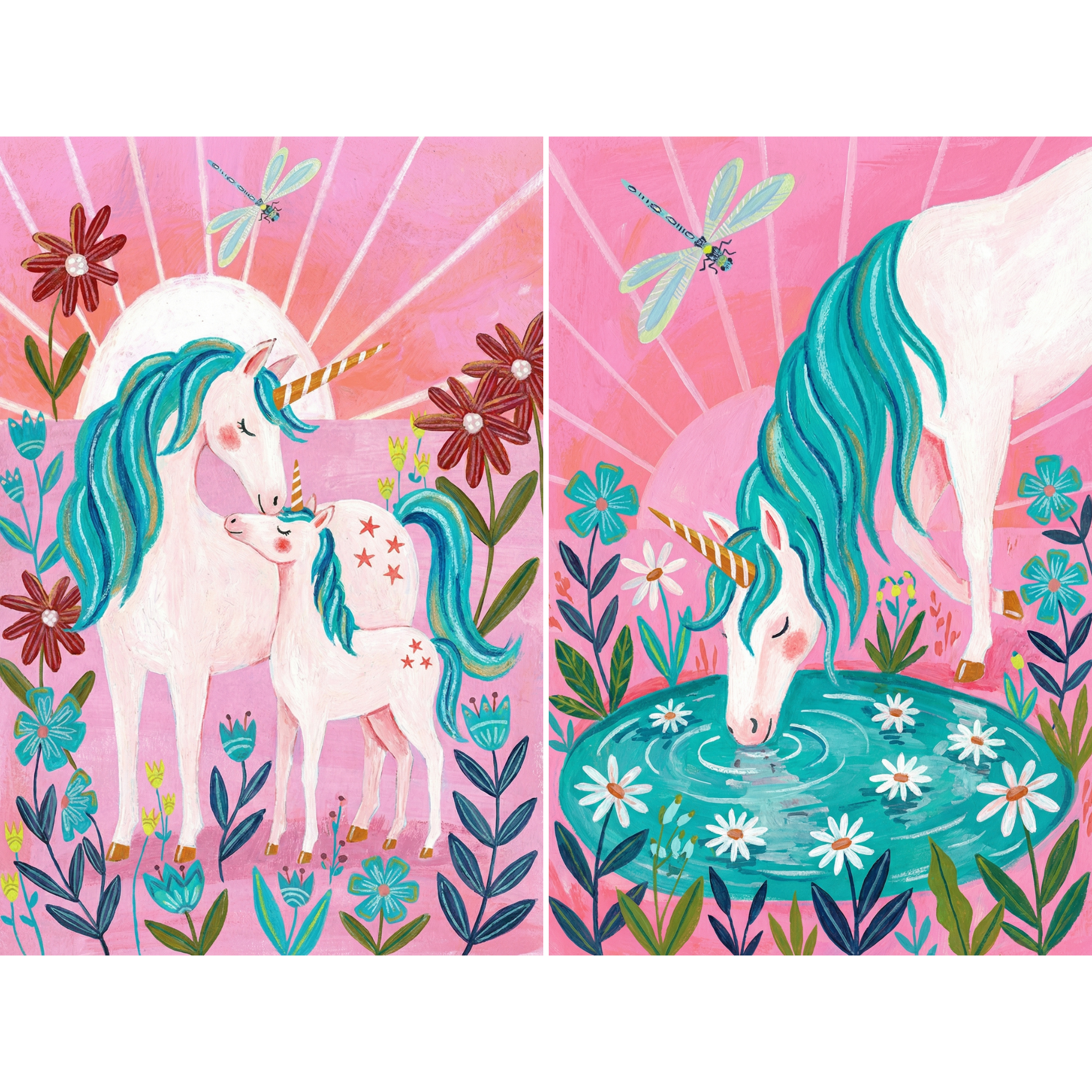 Pink Sunburst Teal Unicorn Wall Art Set of 2 - Unicorn Meadow Magic
