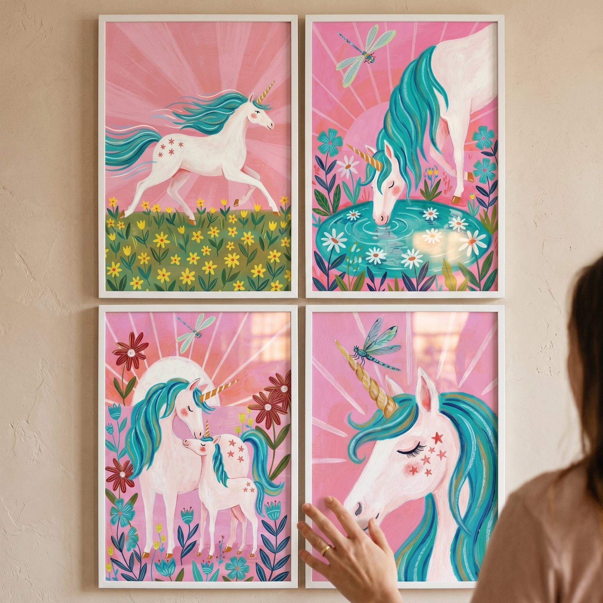 Pink Sunburst Whimsical Unicorn Wall Art Set of 4 - Whimsical Unicorn Dreams
