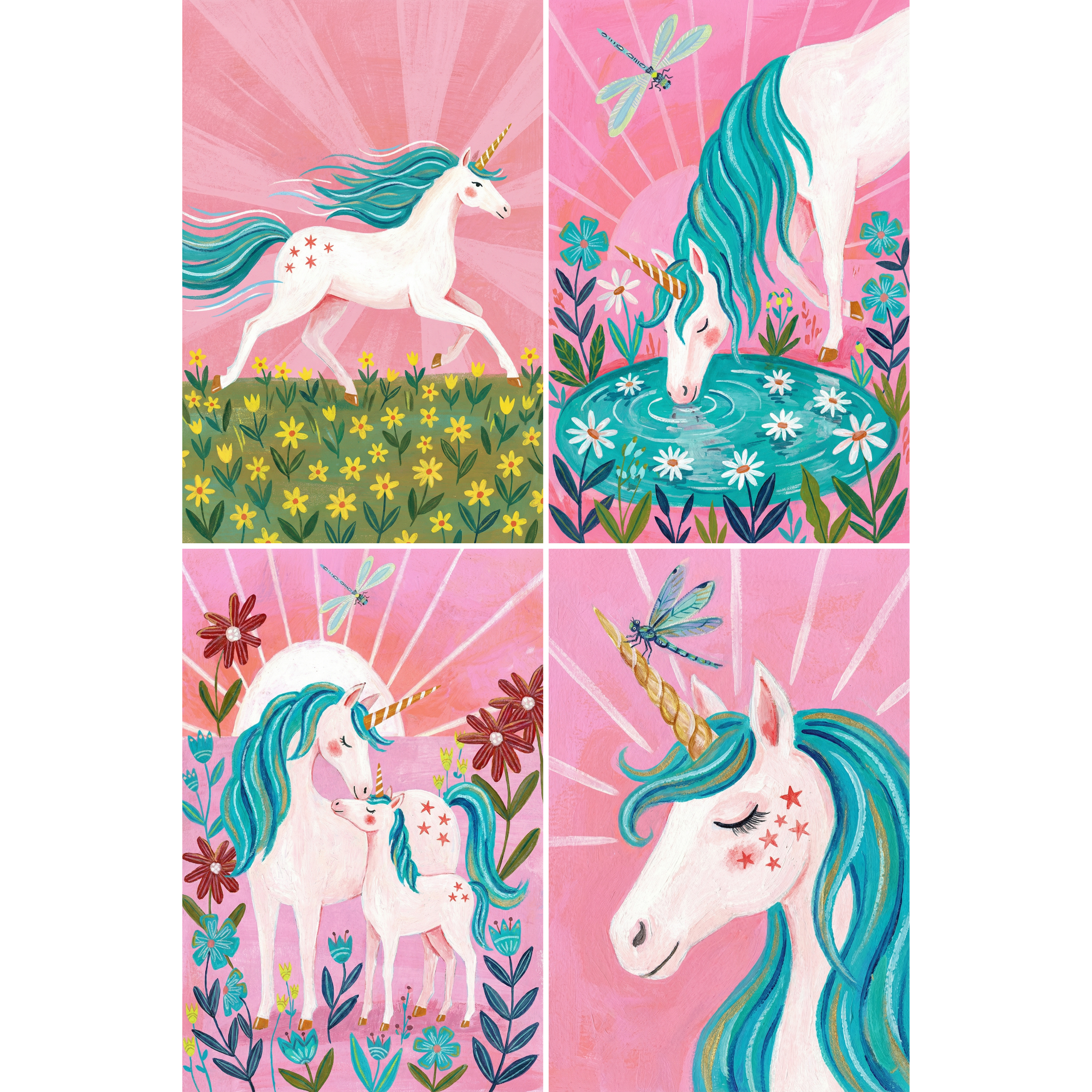 Pink Sunburst Whimsical Unicorn Wall Art Set of 4 - Whimsical Unicorn Dreams
