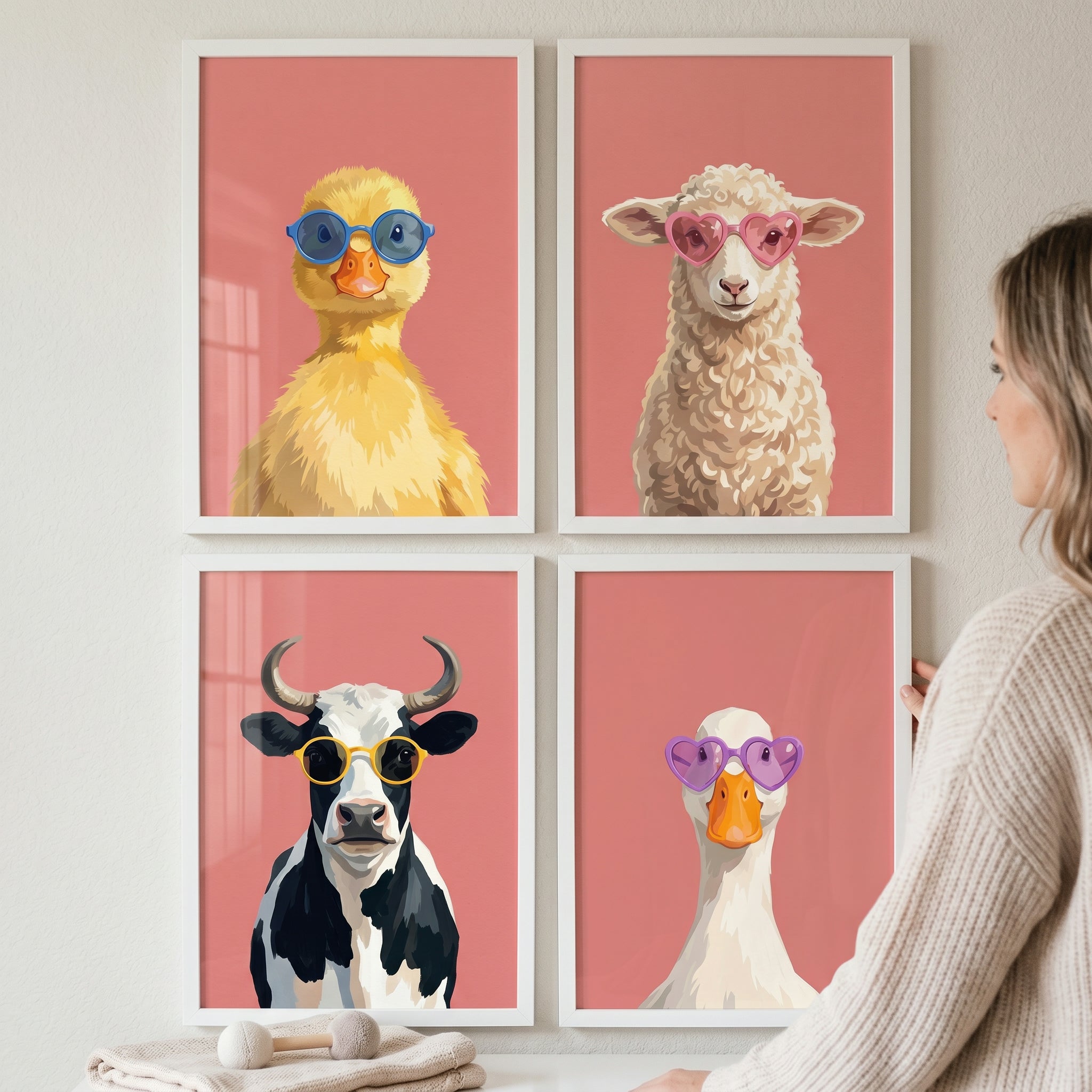 Pink Sunglasses Farm Animal Wall Art Set of 4 - Cool Animal Shades