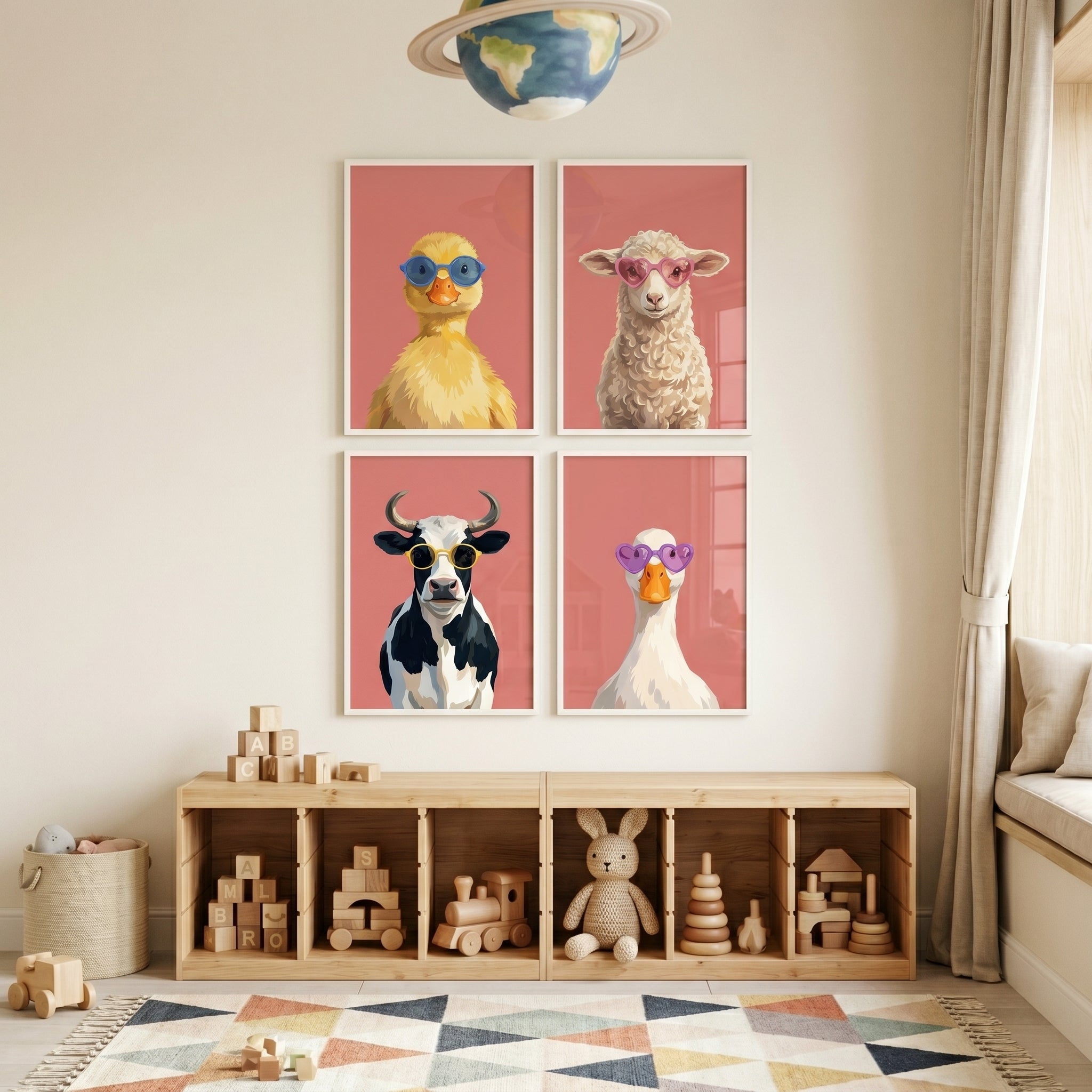 Pink Sunglasses Farm Animal Wall Art Set of 4 - Cool Animal Shades