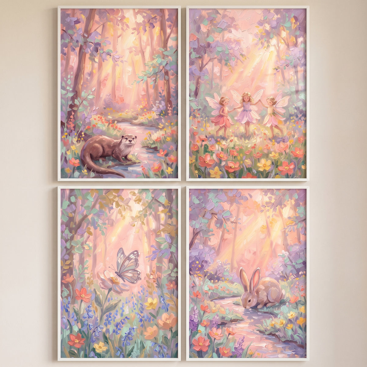 Pink Sunlit Enchanted Forest Wall Art Set of 4 - Pastel Fairy Dreams