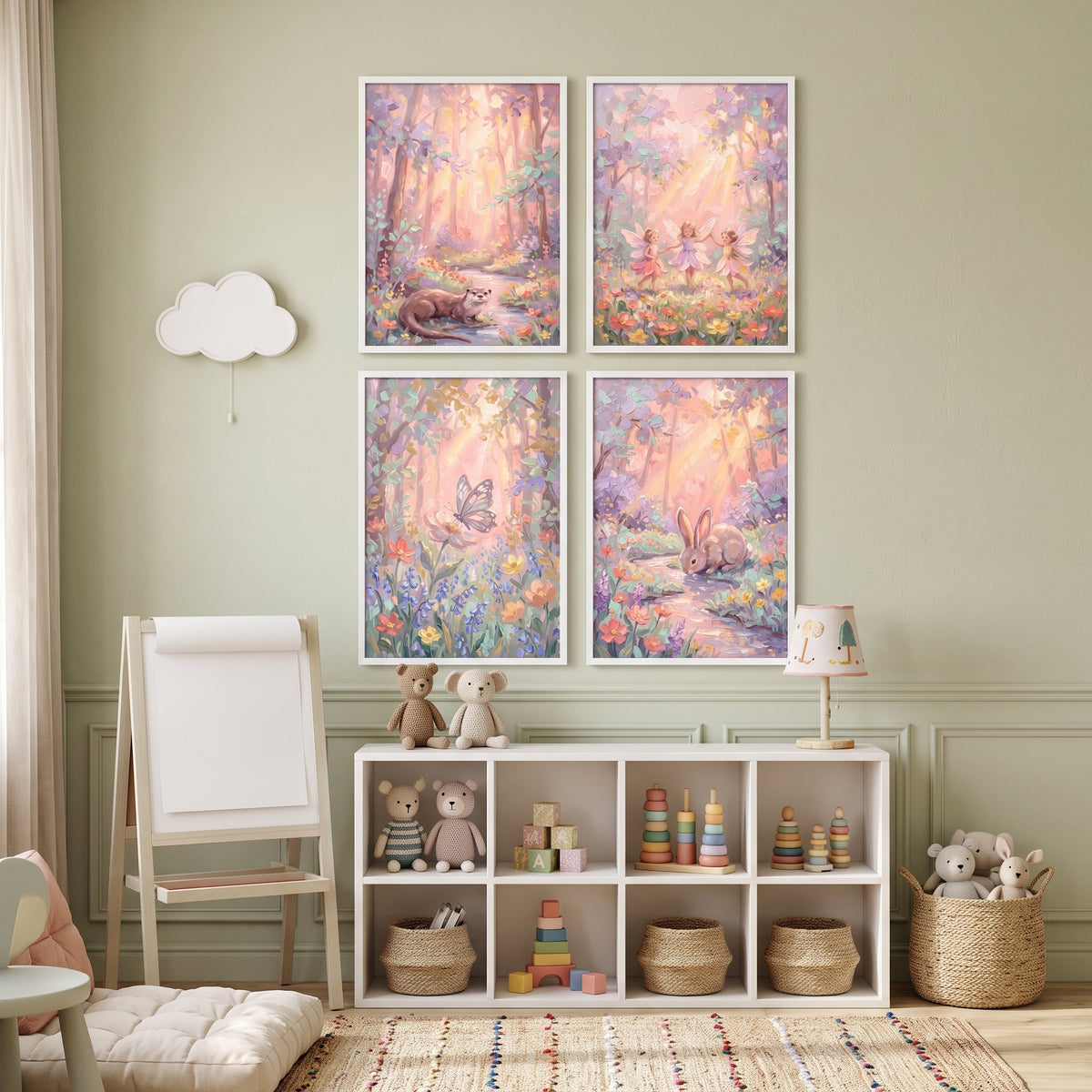 Pink Sunlit Enchanted Forest Wall Art Set of 4 - Pastel Fairy Dreams