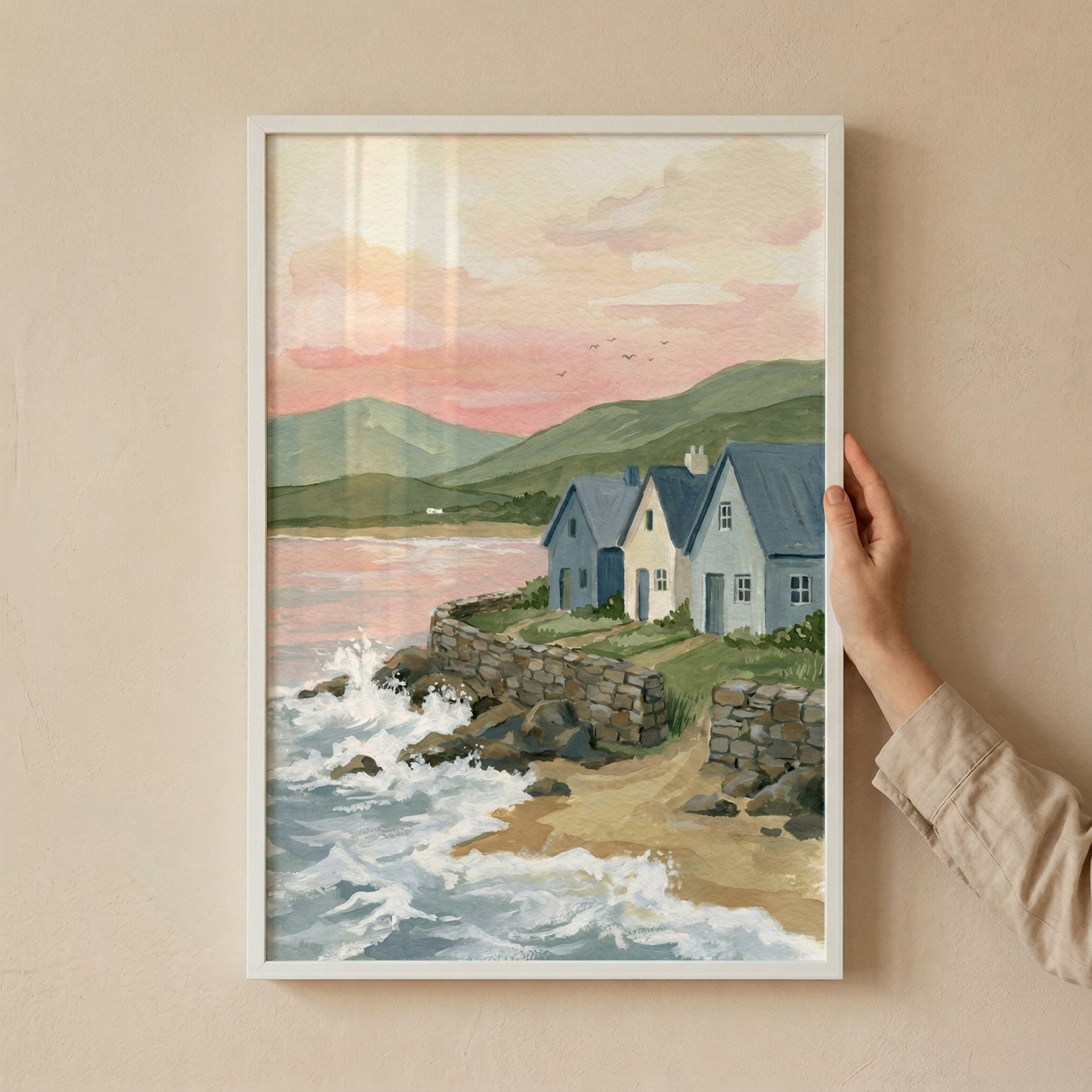Pink Sunset Coastal Cottage Wall Art - Seaside Serenity