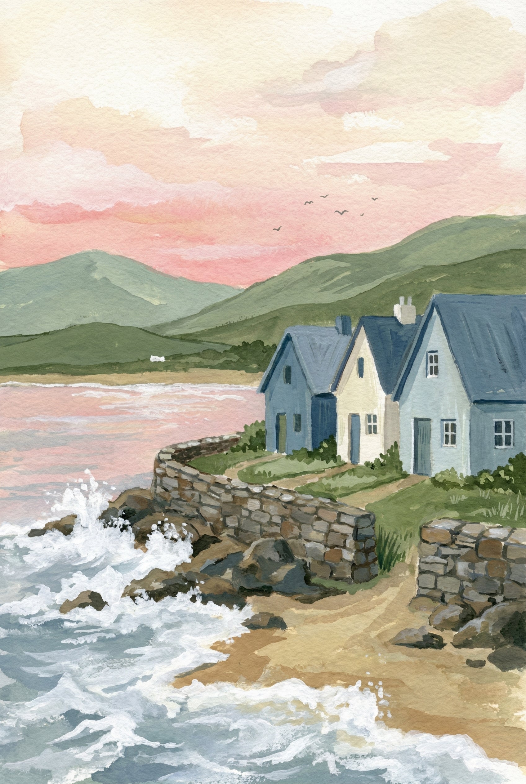 Pink Sunset Coastal Cottage Wall Art - Seaside Serenity