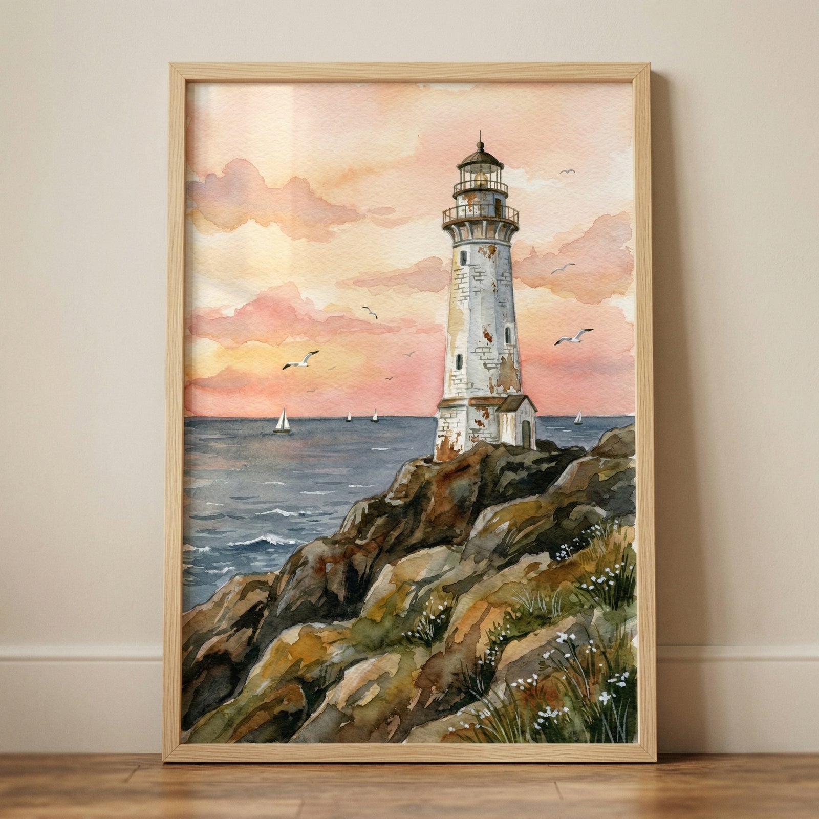 A serene watercolor illustration of a lighthouse standing on a rocky cliff overlooking a calm ocean at sunset. The sky is filled with soft shades of pink and orange clouds, with several seagulls flying and small sailboats on the water in the distance. The foreground consists of textured brown rocks with patches of green grass and tiny white wildflowers. 