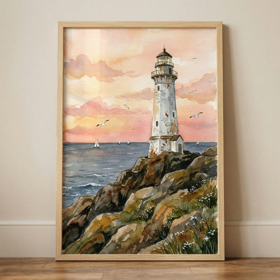 A serene watercolor illustration of a lighthouse standing on a rocky cliff overlooking a calm ocean at sunset. The sky is filled with soft shades of pink and orange clouds, with several seagulls flying and small sailboats on the water in the distance. The foreground consists of textured brown rocks with patches of green grass and tiny white wildflowers. 