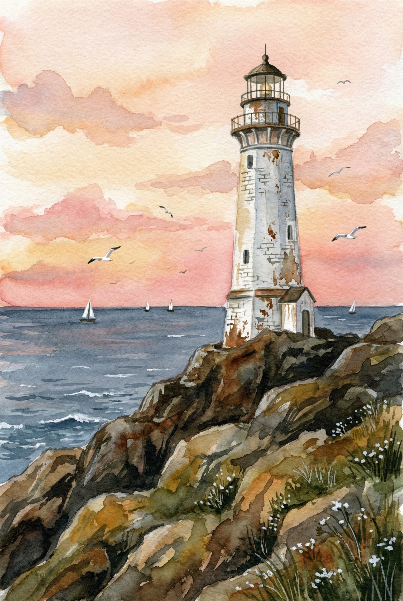 Pink Sunset Coastal Lighthouse Wall Art - Sunset Coastal Beacon