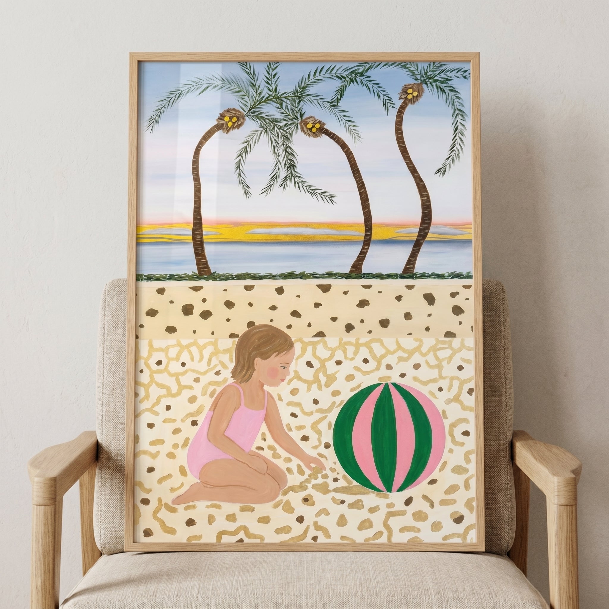 Pink Swimsuit Beach Girl Wall Art - Sandy Shore Play
