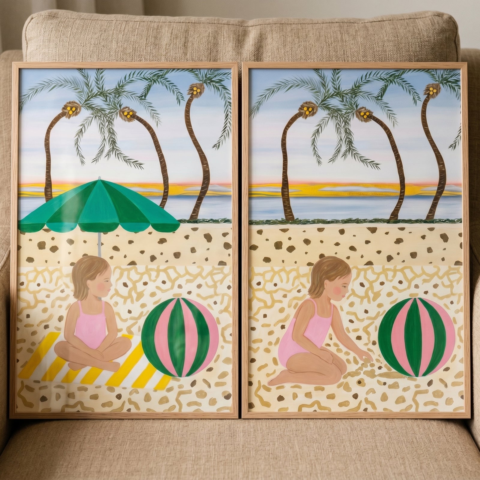 Pink swimsuit beach girl wall art set of 2 showing a girl on the beach with palm trees, a green umbrella, and a beach ball.