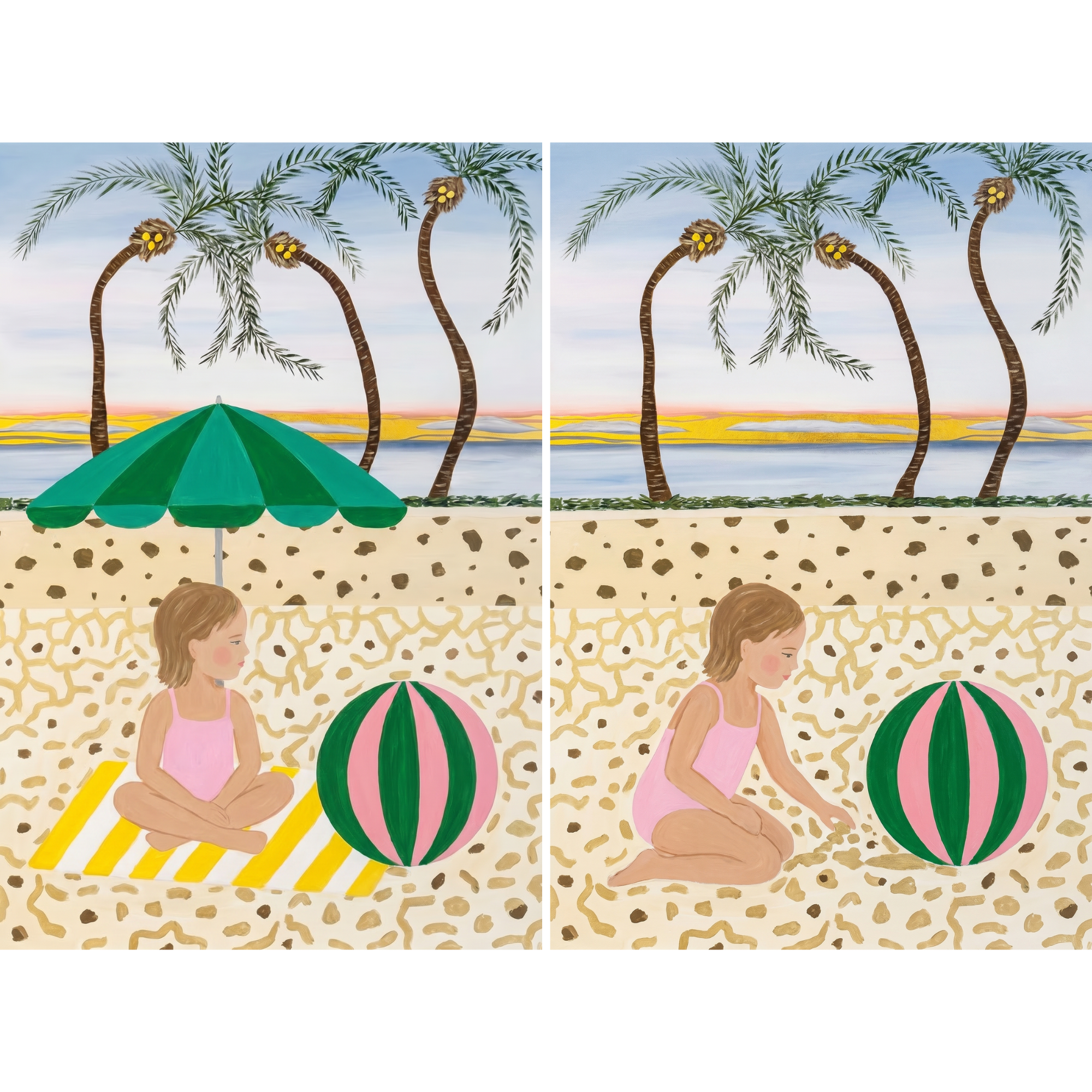 Pink Swimsuit Beach Girl Wall Art Set of 2 - Island Summer Days