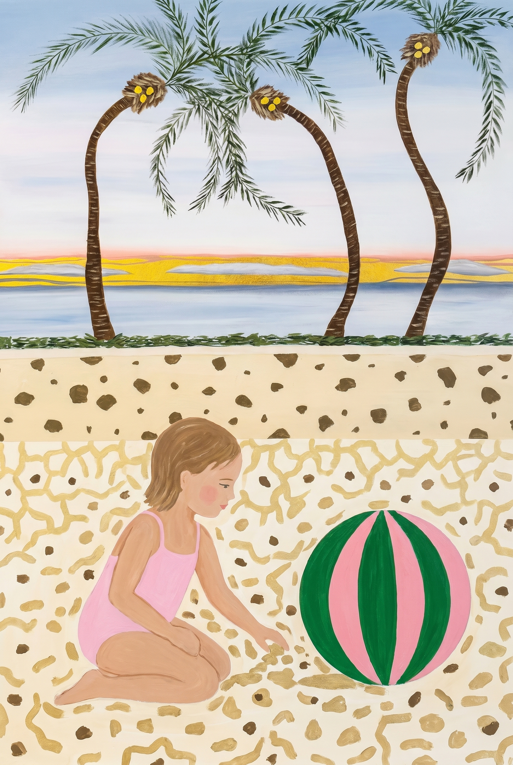 Pink Swimsuit Beach Girl Wall Art - Sandy Shore Play