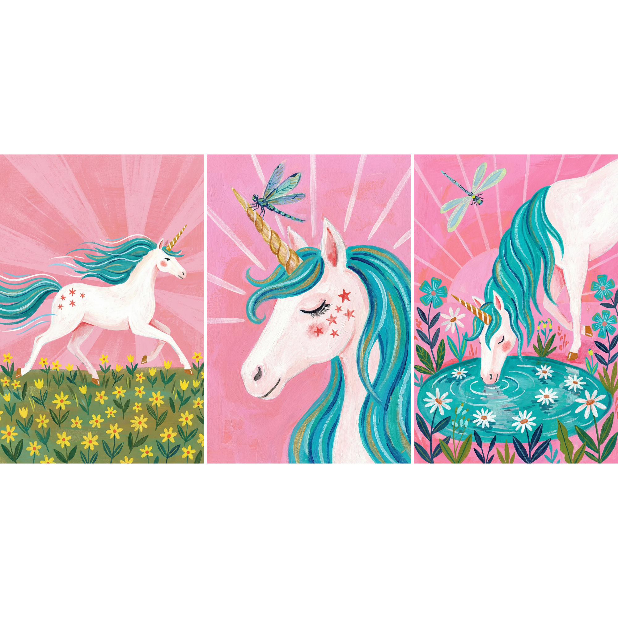 Pink Teal Mane Unicorn Wall Art Set of 3 - Magical Unicorn Meadows