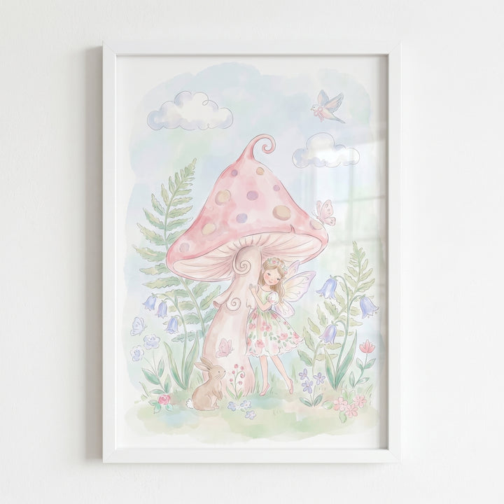 Pink toadstool fairy wall art with a winged girl, bunny, and blue flowers beside a large spotted mushroom in a frame.