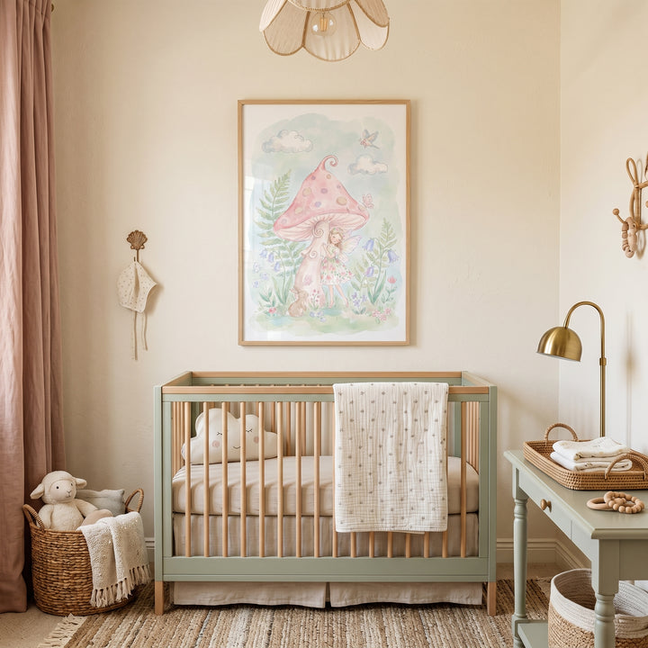 Neutral nursery featuring pink toadstool fairy wall art above a green crib, with soft pink curtains and a wicker basket.