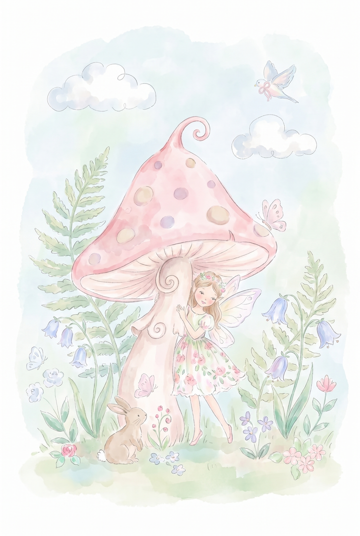 Watercolor pink toadstool fairy wall art with a fairy, bunny, and bird among garden flowers and soft green ferns.
