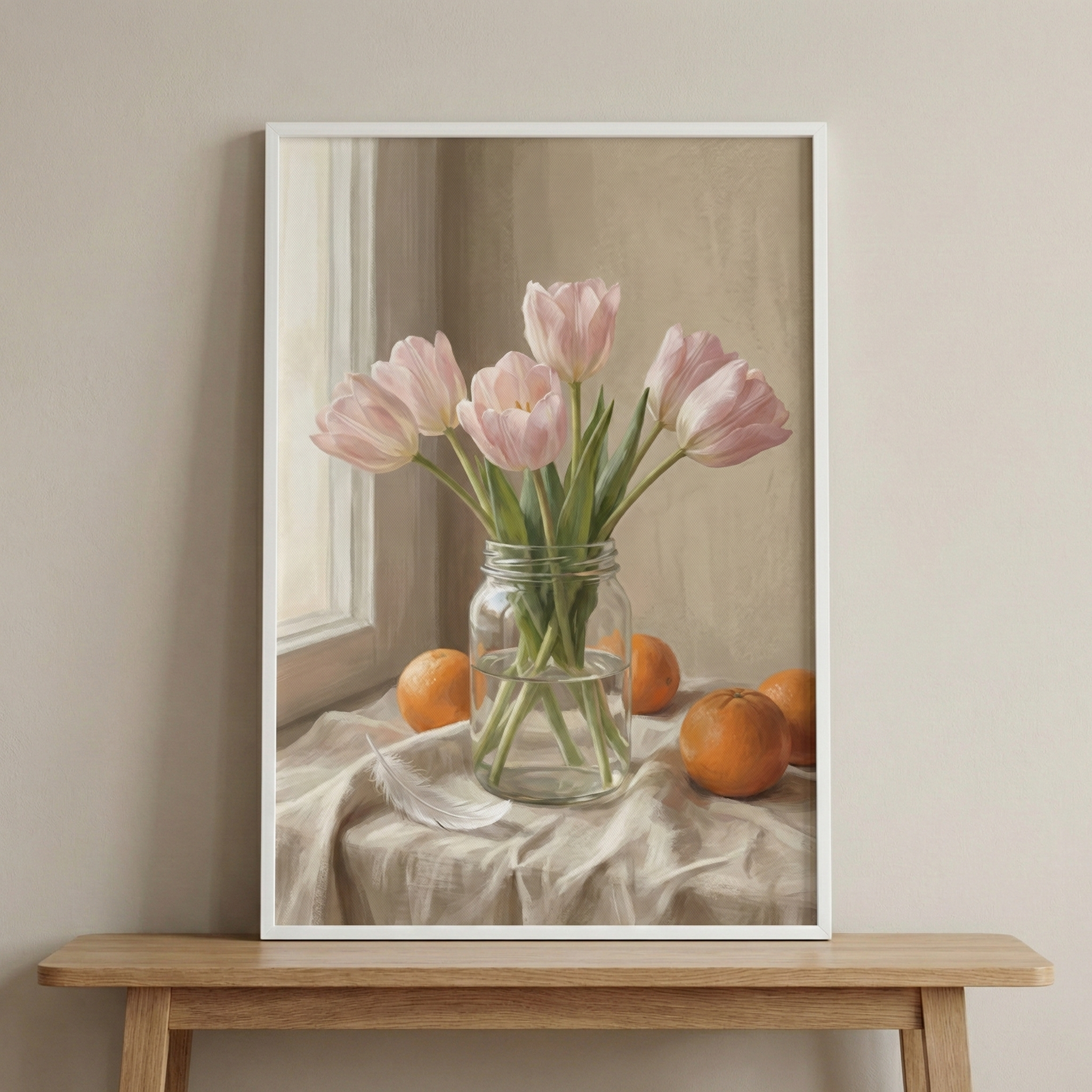A still life digital illustration of a bouquet of light pink tulips arranged in a clear glass jar. The jar rests on a table covered with a cream-colored, folded cloth. Around the jar are several whole oranges and a single white feather. The scene is illuminated by gentle, natural light from a window on the left, casting soft shadows. The overall composition has a classic fine art aesthetic with a muted and earthy color palette, set against a simple beige background.