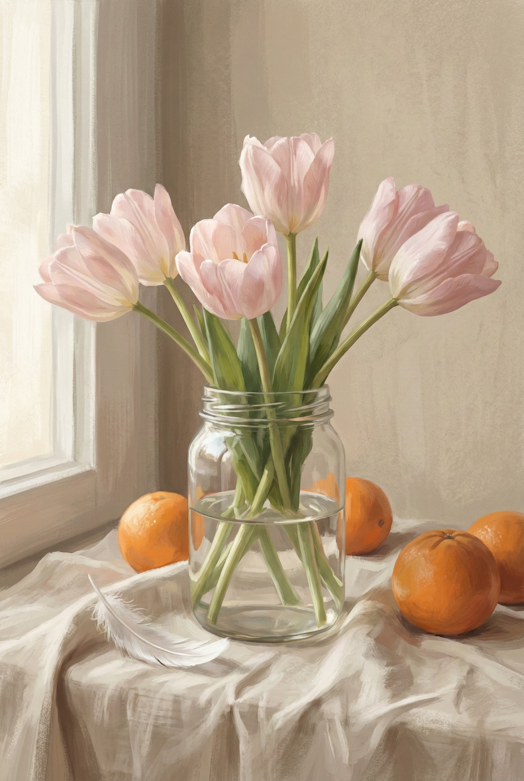 Digital illustration shows light pink tulips in a clear glass jar. The jar sits on a draped, off-white cloth alongside four oranges and a delicate white feather. Natural light enters from a side window, illuminating the scene with a soft glow. The composition features muted tones of beige and green, with the vibrant orange of the fruit providing a warm contrast. The background is a simple neutral wall, adding to the calm, still-life feel of the artwork.