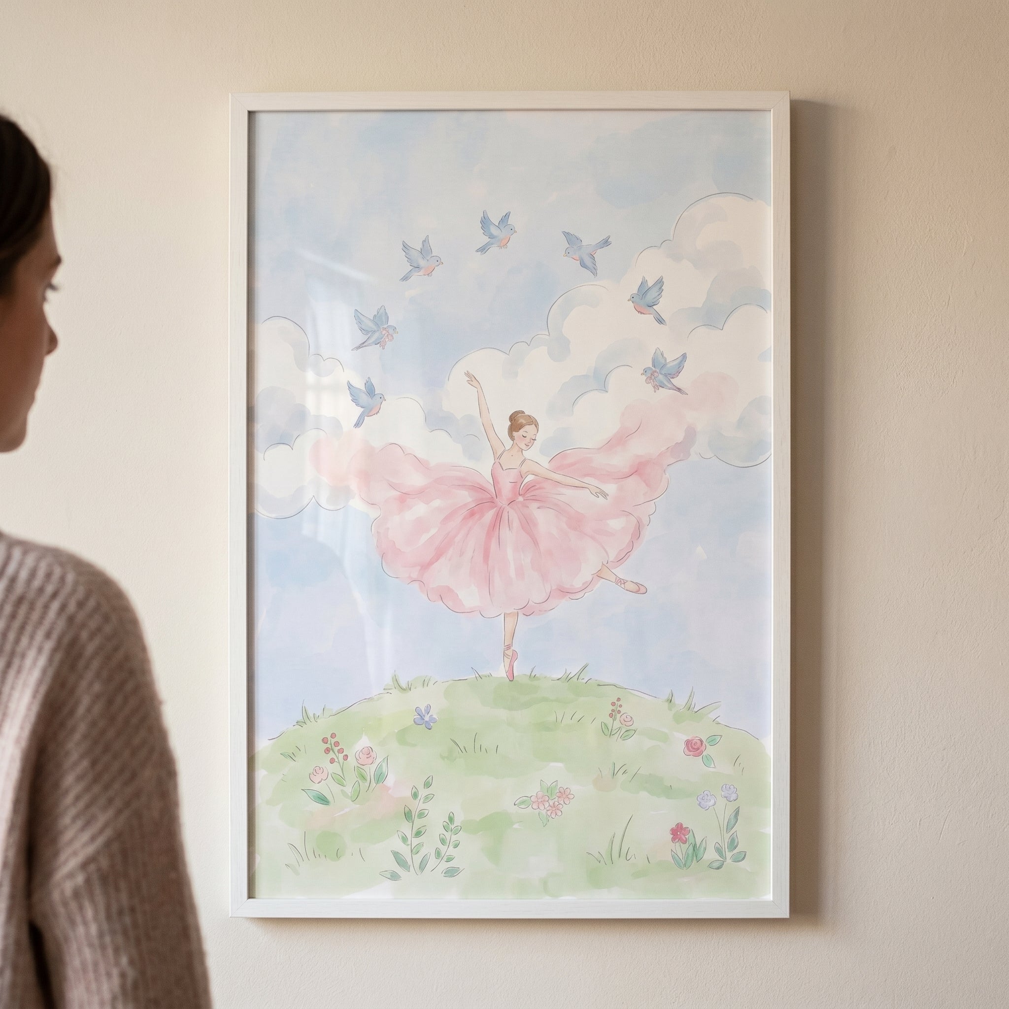 Pink Tutu Dancing Ballerina Wall Art - Whimsical Hillside Ballet