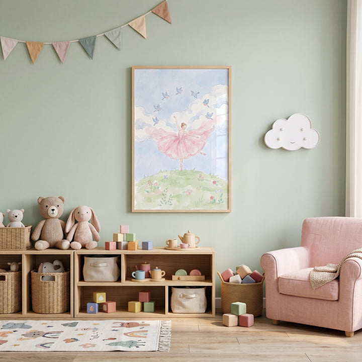 Nursery featuring pink tutu dancing ballerina wall art, soft toys, wooden blocks, and a comfortable pink armchair.