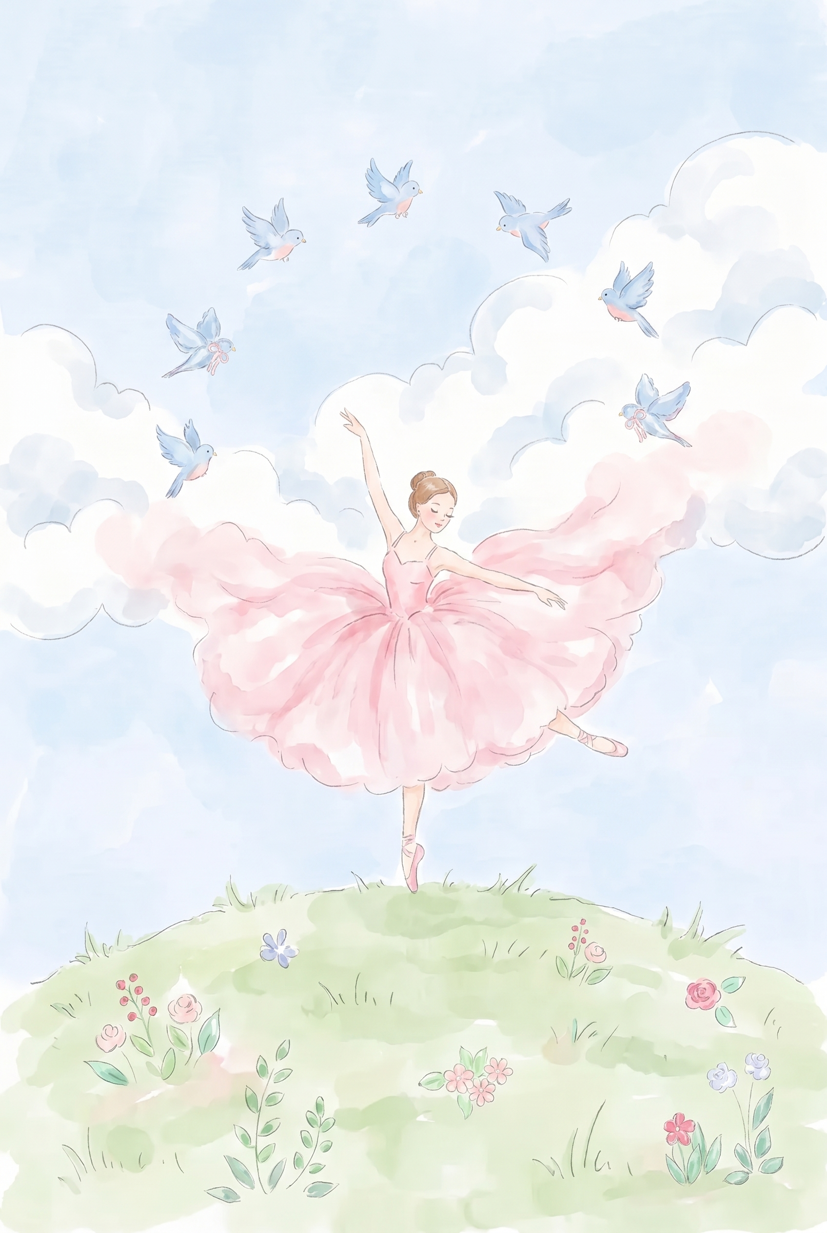 Pink Tutu Dancing Ballerina Wall Art - Whimsical Hillside Ballet