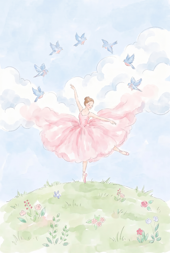 Pink tutu dancing ballerina wall art on a green hill with flowers and blue birds in a soft watercolor sky.