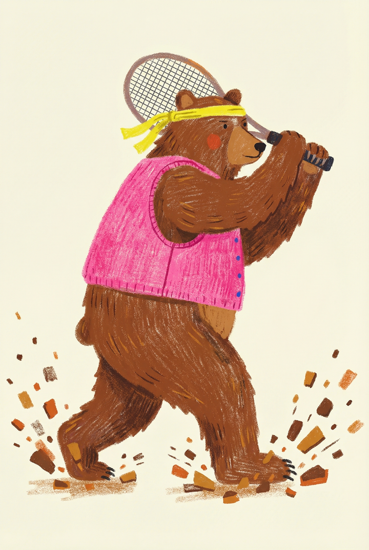 Brown bear wearing a yellow headband and pink vest swings a racket in this pink vest tennis bear wall art.
