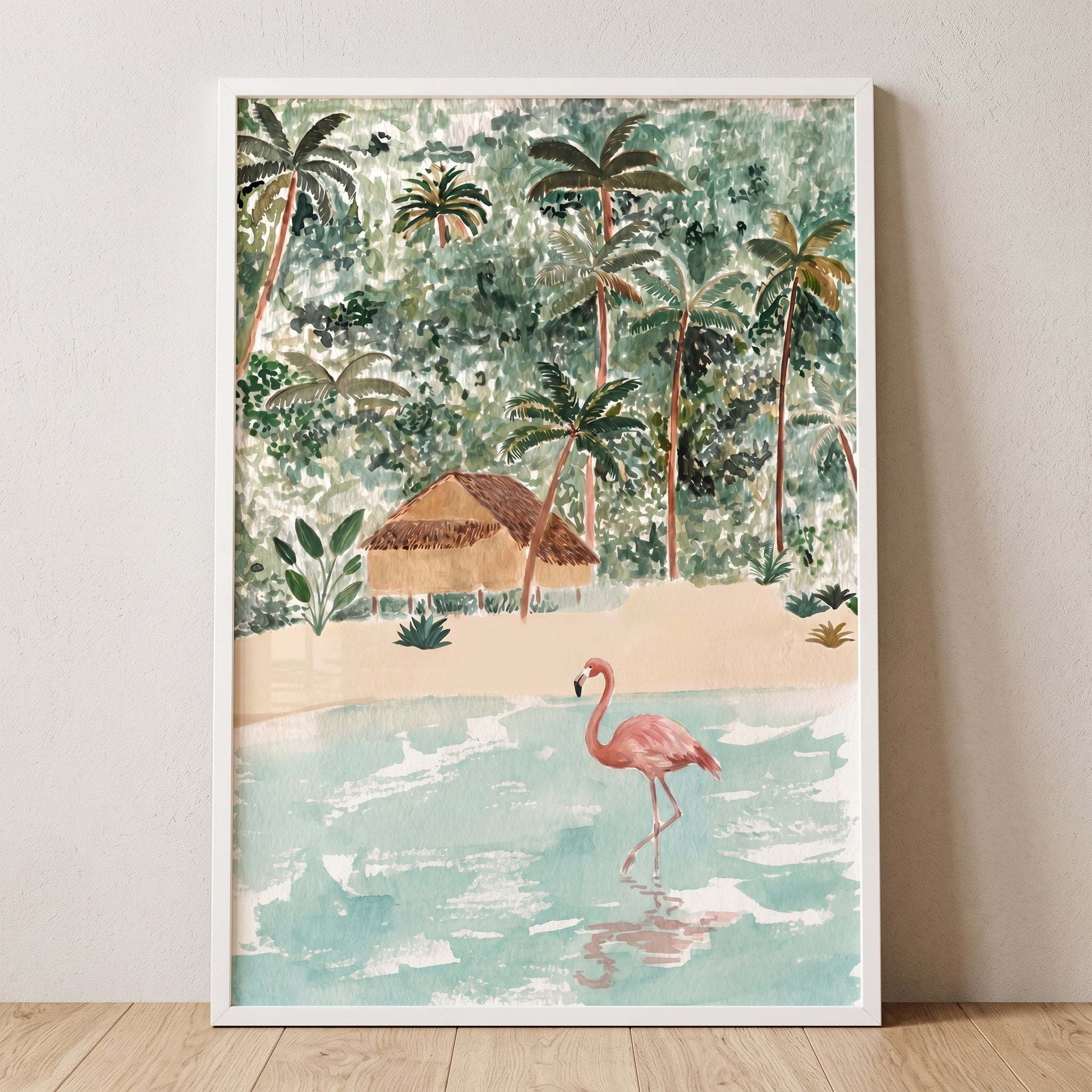 Pink Water Wading Flamingo Wall Art - Tropical Flamingo Shore