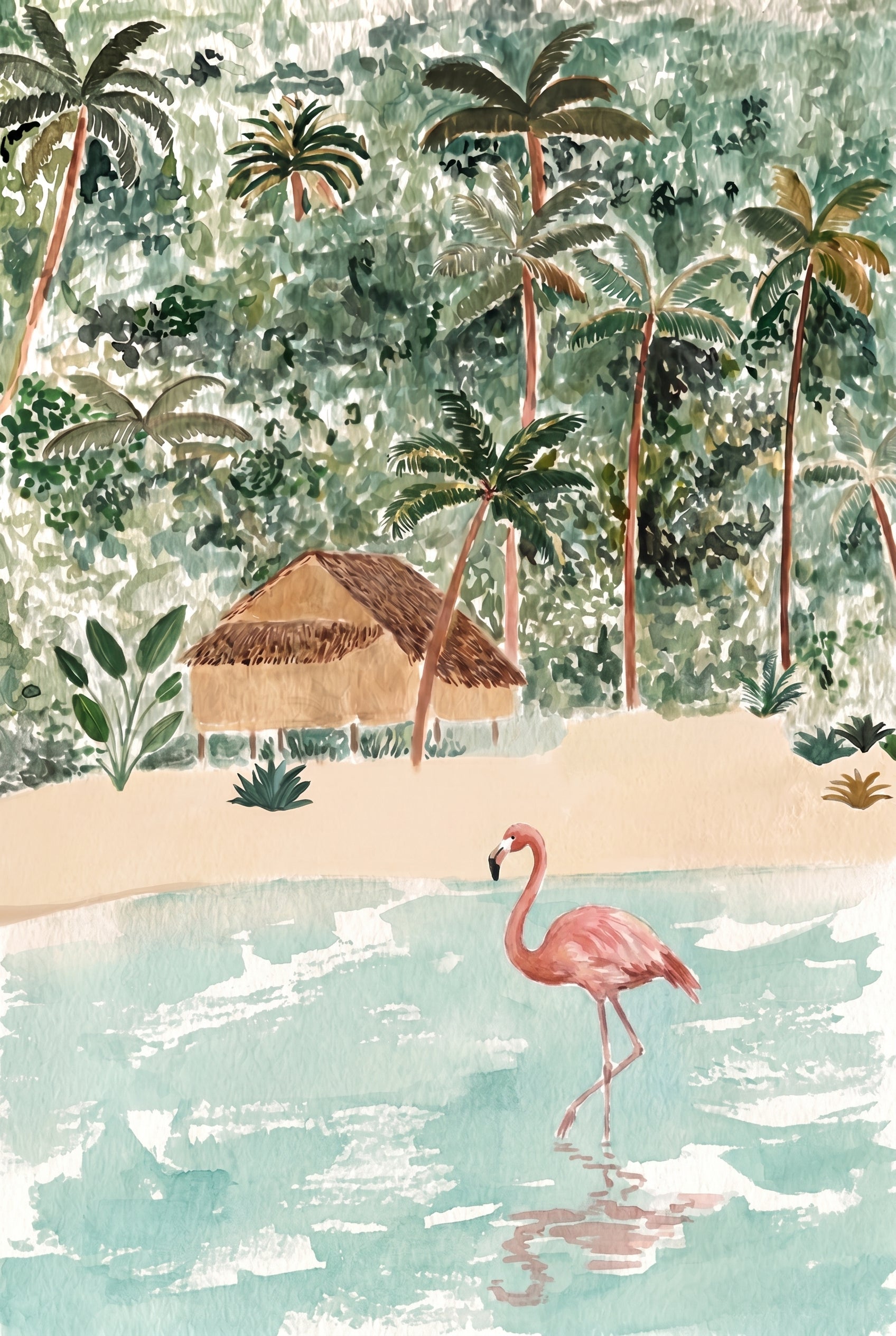 Pink Water Wading Flamingo Wall Art - Tropical Flamingo Shore