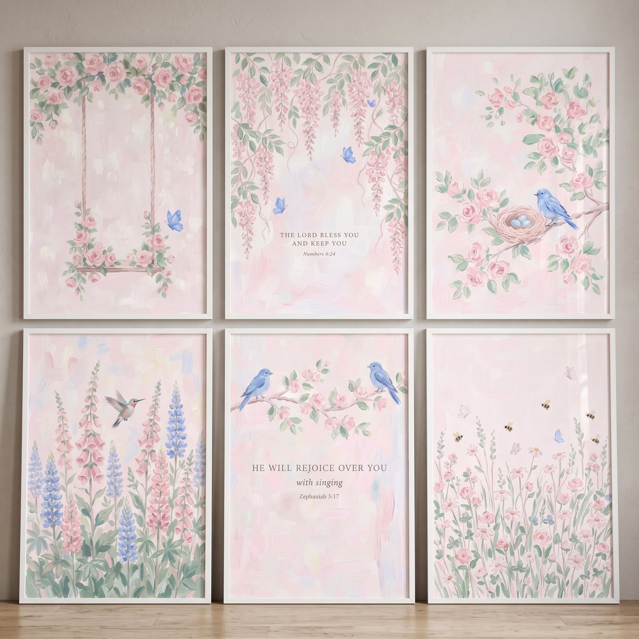 Pink Watercolor Botanical Garden Wall Art Set of 6 - Serene Nature Verses