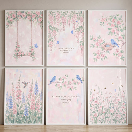 Pink watercolor botanical garden wall art set of 6 with birds, butterflies, flowers, and bible verses.