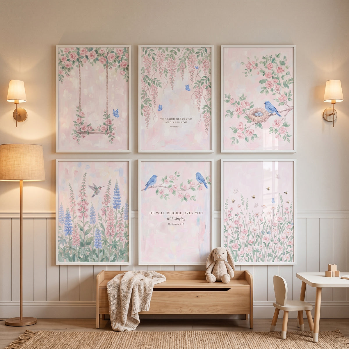 Pink Watercolor Botanical Garden Wall Art Set of 6 - Serene Nature Verses