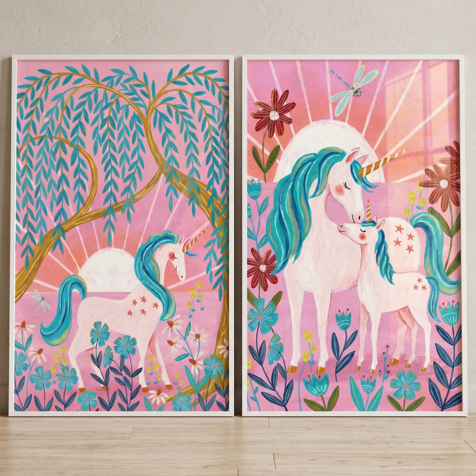 Pink whimsical unicorn wall art set of 2 featuring horned creatures with blue manes, flowers, and a willow tree.