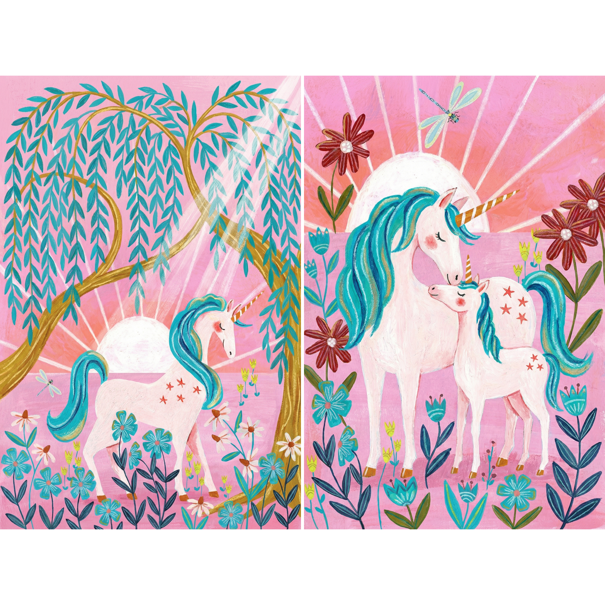 Pink Whimsical Unicorn Wall Art Set of 2 - Whimsical Unicorn Meadow