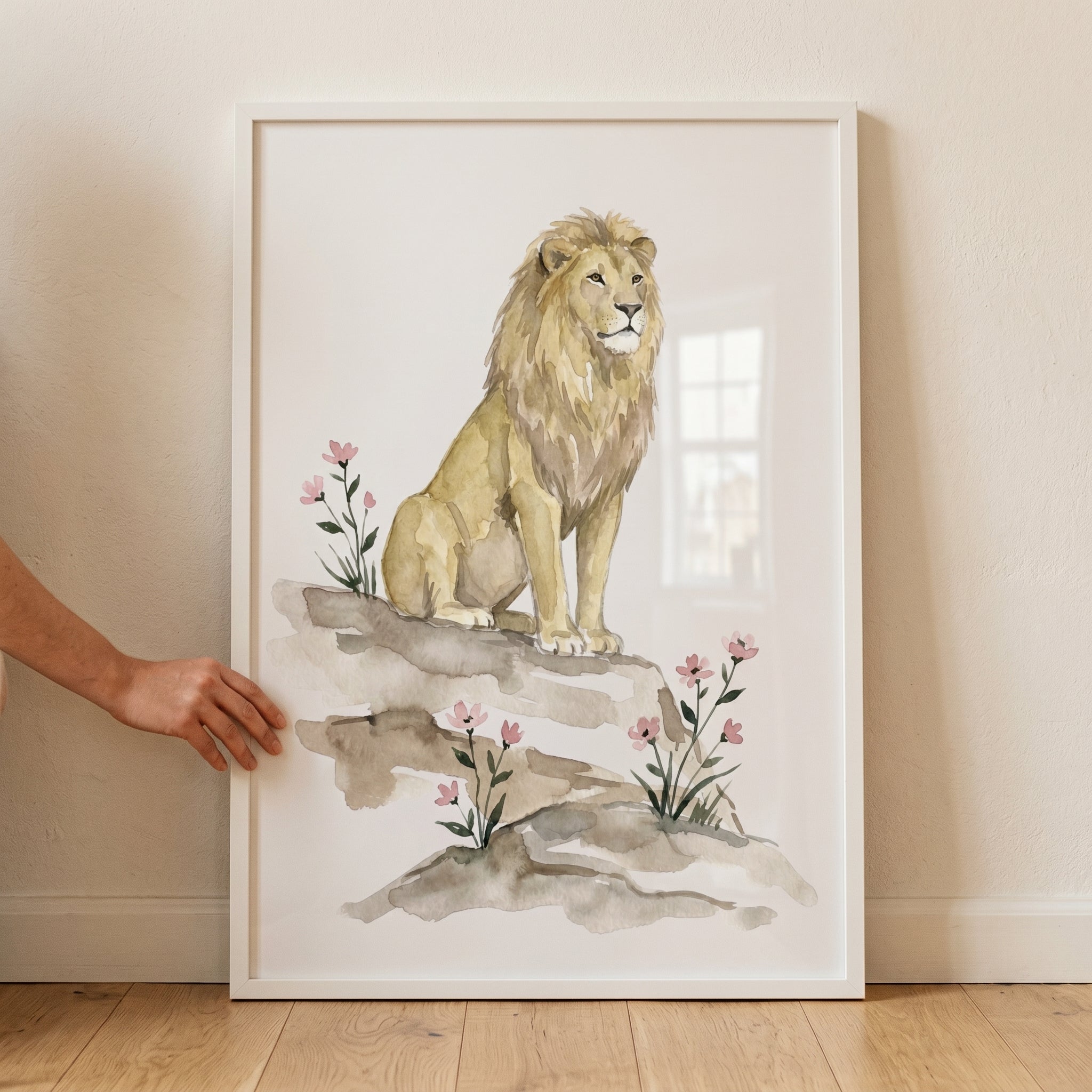 Pink Wildflower Lion Wall Art - Majestic Golden Mane